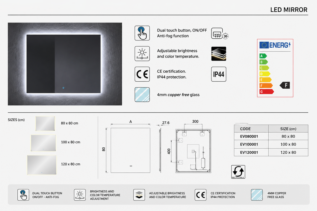 Badrumsmöbelset VOLUM med tvättställ + LED-spegel + 140 cm högskåp + ettgreppsblandare – stäppfärg – 80/100/120 cm