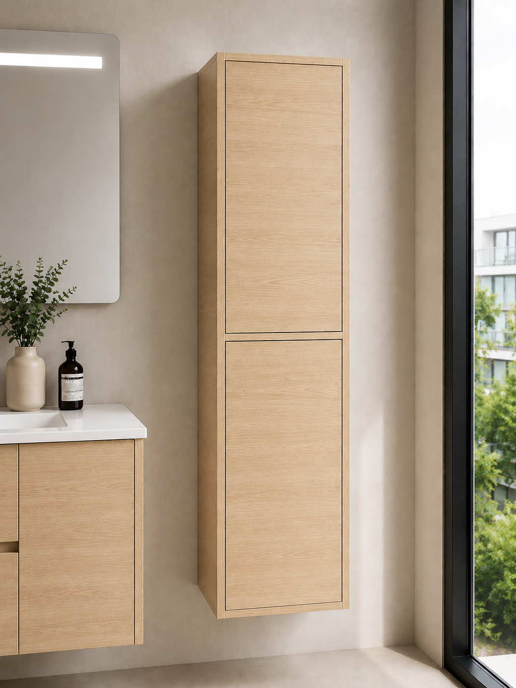 Badrumsmöbelset VOLUM med tvättställ + LED-spegel + 140 cm högskåp + ettgreppsblandare – stäppfärg – 80/100/120 cm