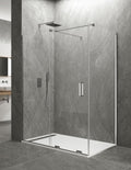 Vinkelduschvägg 1+1 med fast sidoparti KERES utan botten- eller topprofil. 8 mm glas
