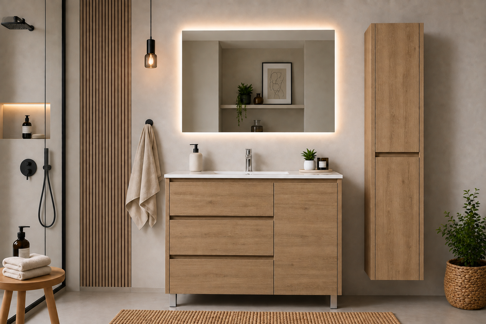 Badrumsmöbelset VOLUM med tvättställ + LED-spegel + 140 cm högskåp + ettgreppsblandare – stäppfärg – 80/100/120 cm