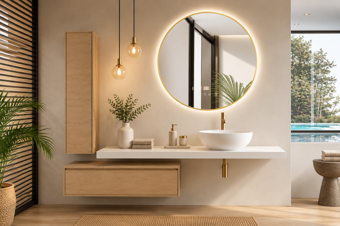 Badrumsmöbel i stäppfärg bestående av 120 cm bänkskiva + 60 cm modul + högskåp 120x35 + ovanpåliggande tvättställ MALLORCA