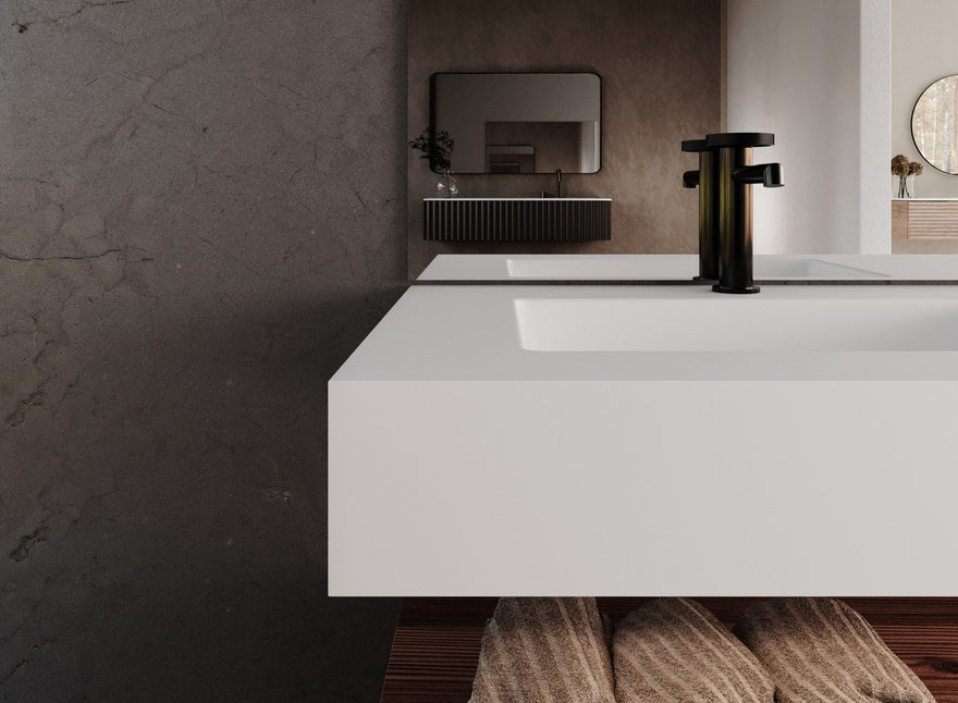 LEX Solid Surface bänkskiva med 1 undermonterat tvättställ, frontpanel upp till 12 cm