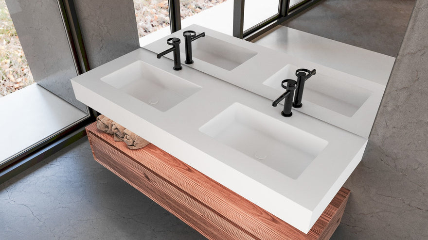 LEX Solid Surface bänkskiva med 2 undermonterade tvättställ, frontpanel upp till 12 cm